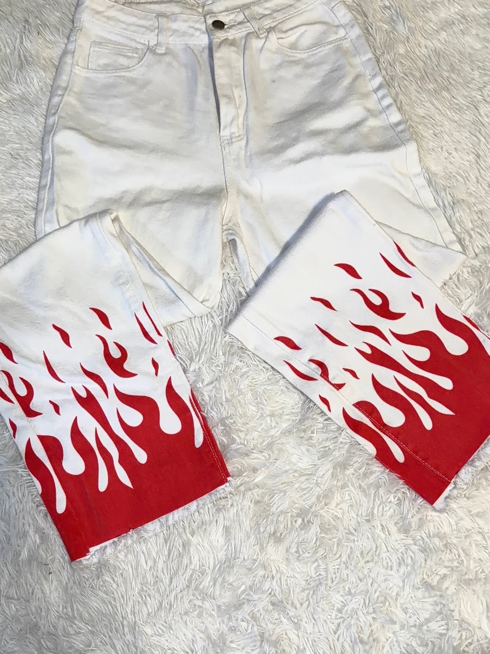 White Jeans with Red Flame Hem
